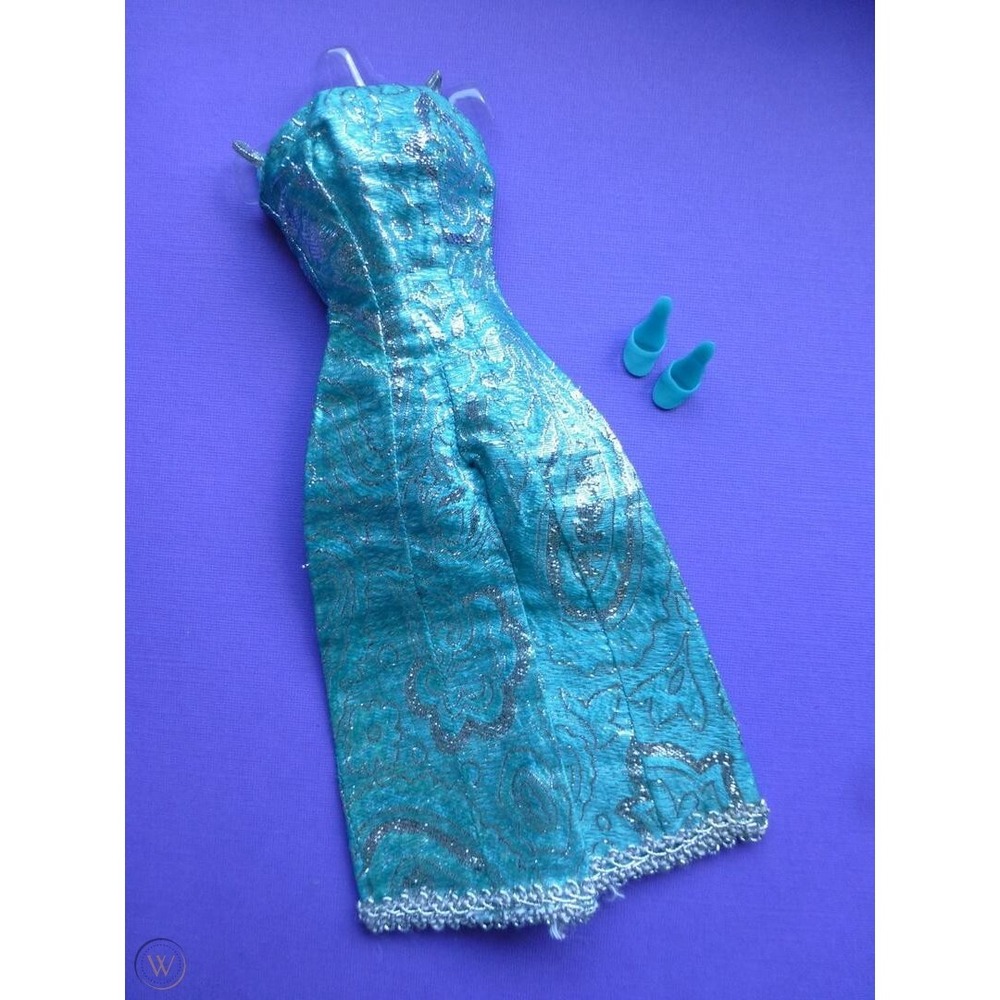 Vintage Mod Barbie Firelights 1969 Metallic Brocade Silver Teal Jumpsuit Minty